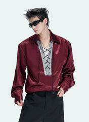 Contrast Lace-Up Satin V-Neck Shirt