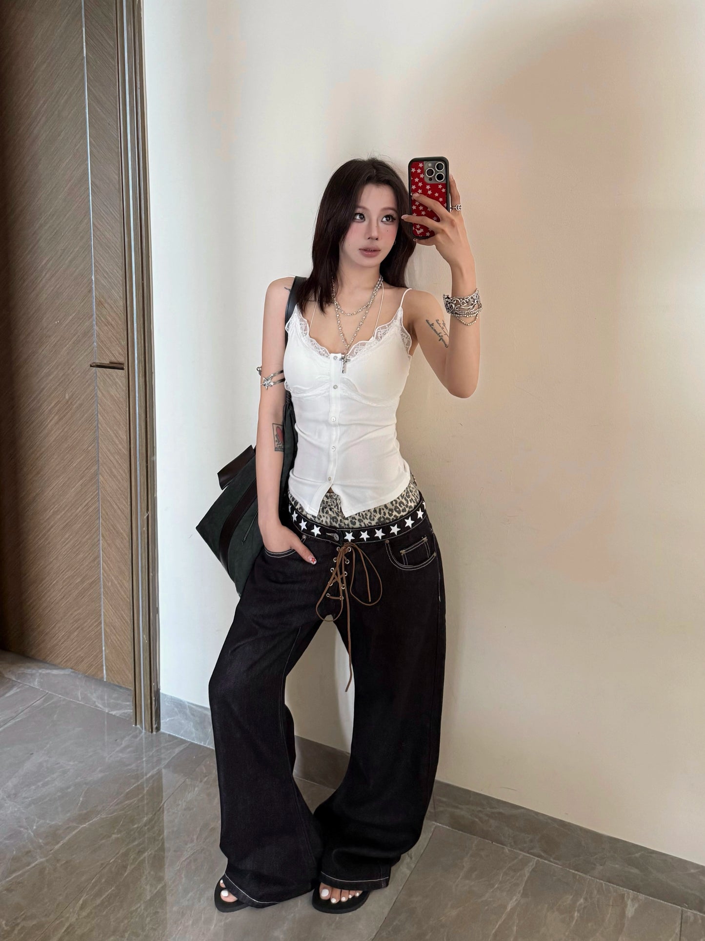 【25s Aug.】Leopard Print Double-Waist Curved Blade Jeans