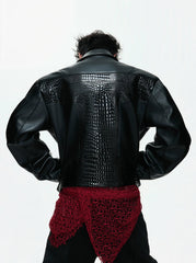 【26s Feb.】Deconstructed Croc-Embossed Asymmetric Zip Leather Jacket
