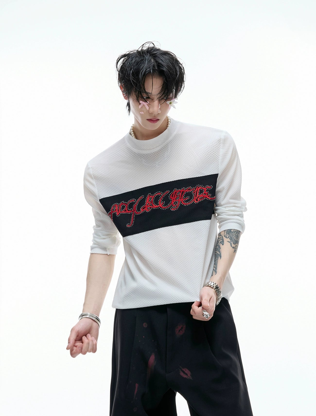【25s Aug.】Mesh Elastic Slim Fit Embroidered Bottoming Shirt