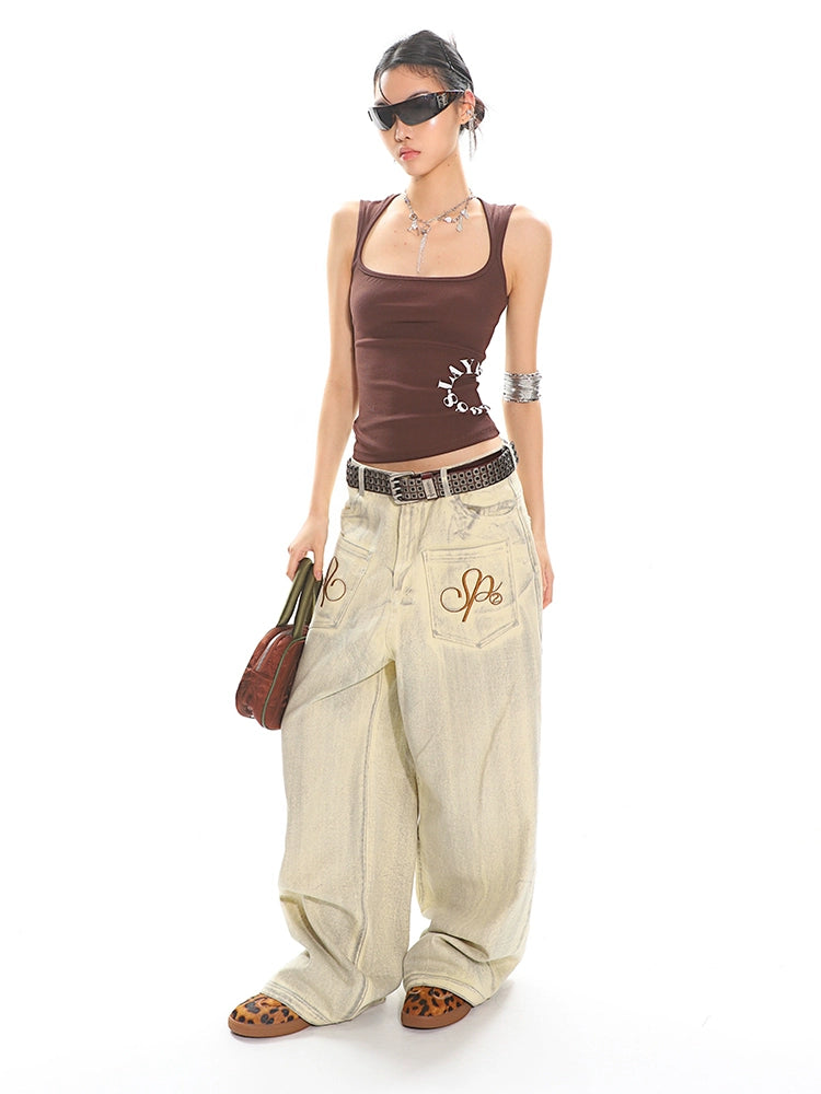 【25s May.】Grunge Wash Embroidered Wide Leg Jeans