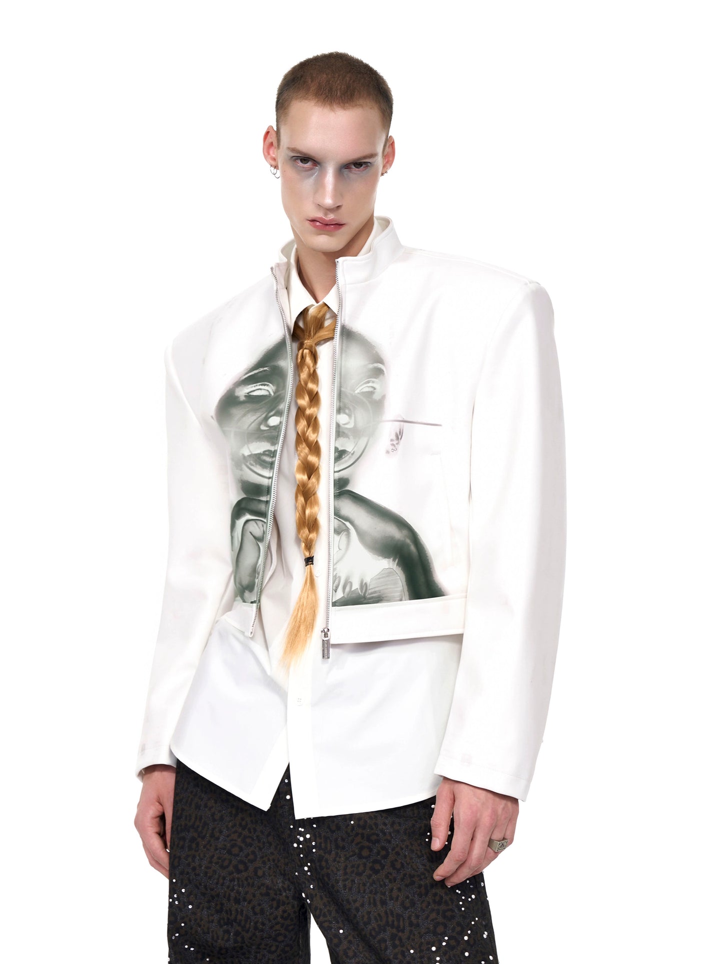 【25s Oct.】Portrait Print Cropped Leather Jacket