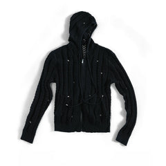 Slim Hollow-Out Star Studded Hooded Knit Zip Cardigan