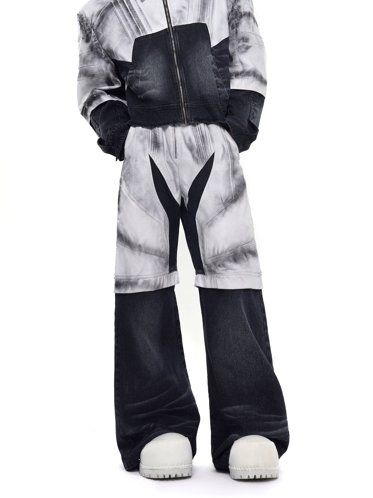 【25s Aug.】Patchwork Painted Dirty-Wash Wide-Leg Denim Pants Set