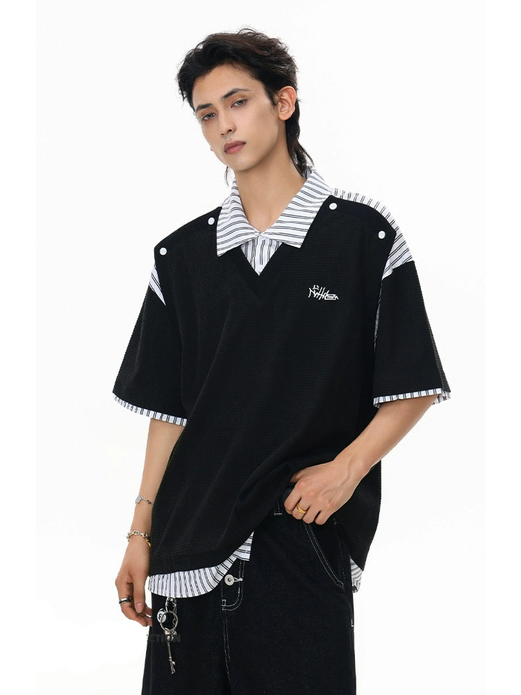 【25s Jul.】Fake Two-Piece Striped Short Sleeve Polo