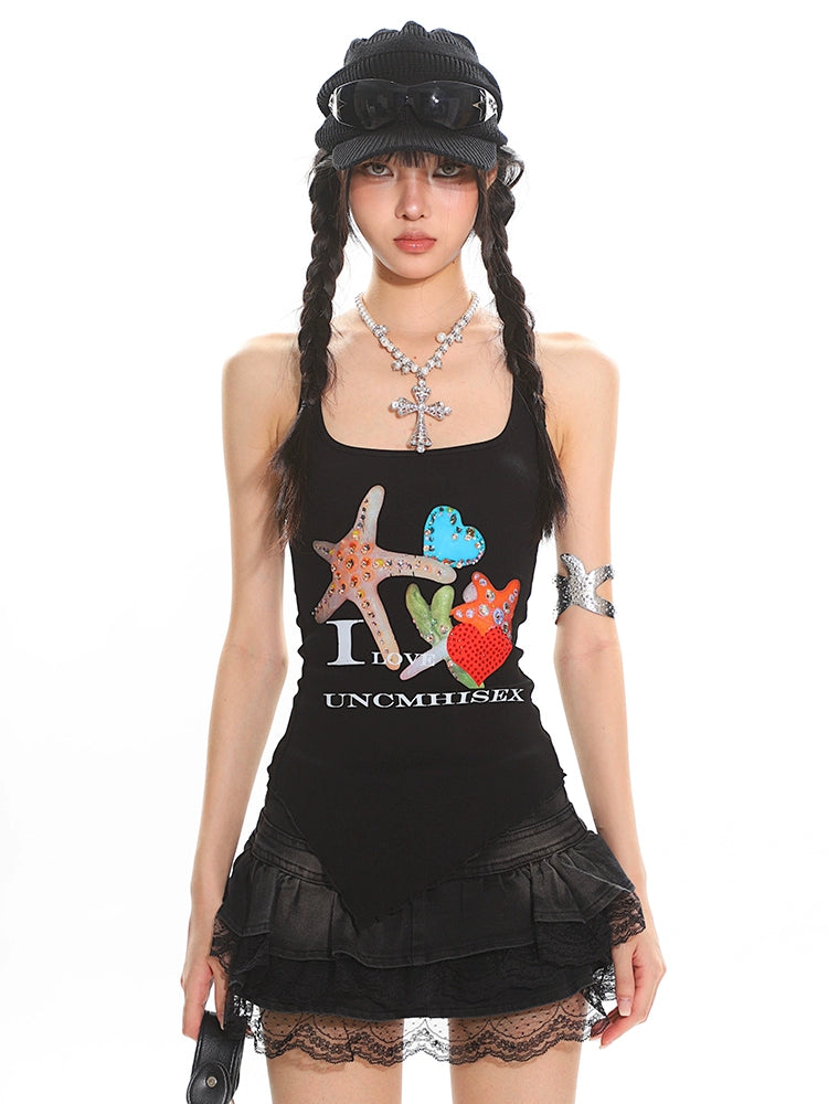 【25s Jun.】Starfish Rhinestone Lace Hollow-Out Asymmetrical Hem Tank Top