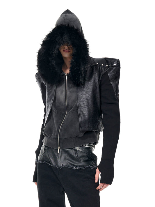 【25s Sep.】Cropped Knit-Paneled Oversized Shoulder PU Leather Jacket