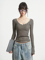 【25s Aug.】Vintage Striped V-Neck Long Sleeve Shirt