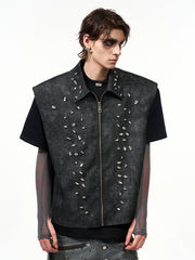 【25s Jun.】Vintage Sleeveless Diamond Zipper Vest