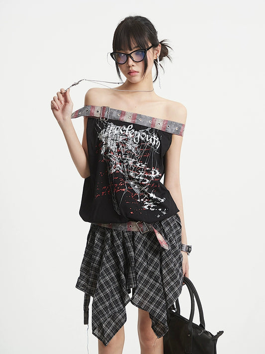 【25s Aug.】Plaid Patchwork Off-Shoulder Crop Top