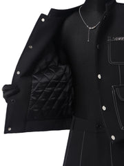 Black Contrast-Stitch Stand Collar Suit