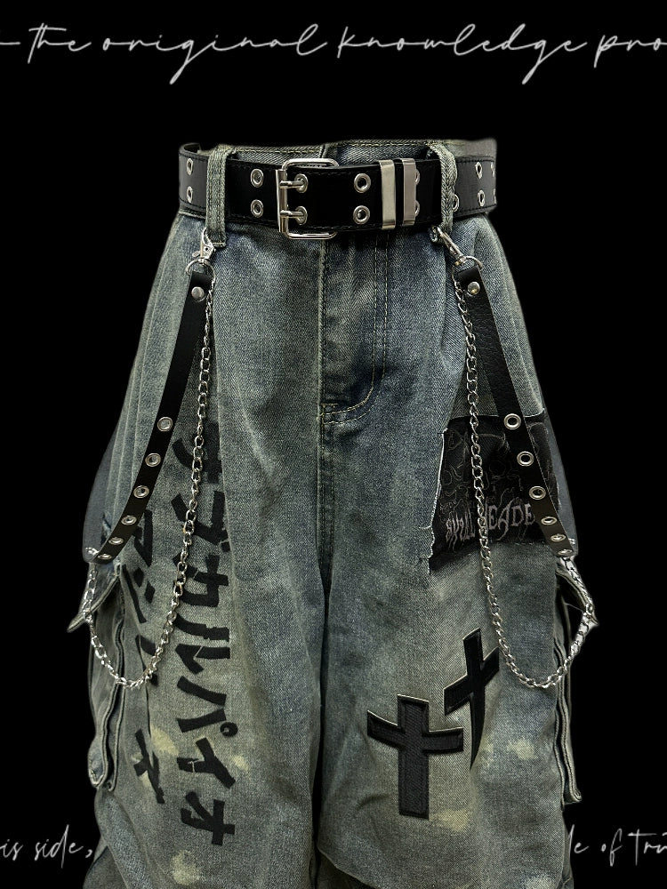 【25s Aug.】Distressed Patchwork Wide-Leg Jeans in Dark Aesthetic