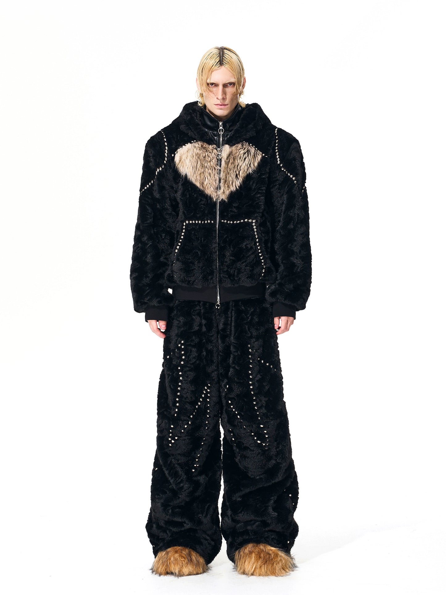 Contrast Color Heart Thickened Faux Mink Hooded Jacket / Pants