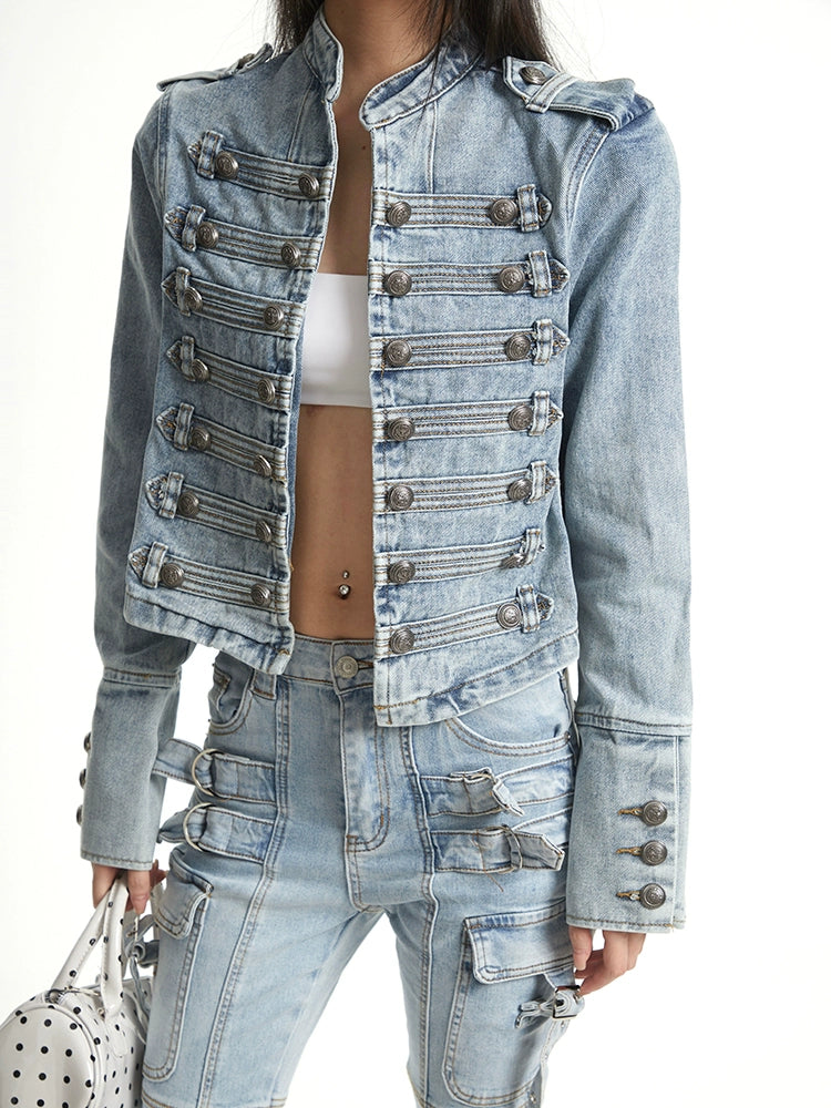 【25s Sep.】Vintage Structured Shoulder Slim Blue Denim Jacket
