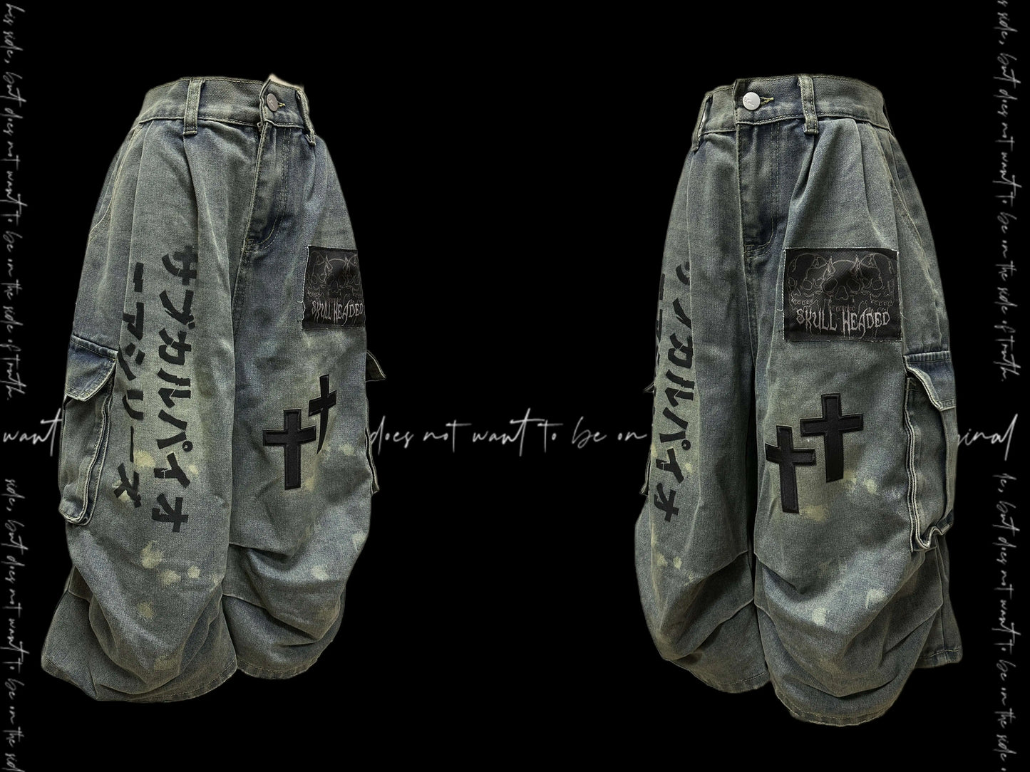 【25s Aug.】Distressed Patchwork Wide-Leg Jeans in Dark Aesthetic