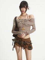 【25s Aug.】Off-Shoulder Striped Slim Fit Vintage Long Sleeve