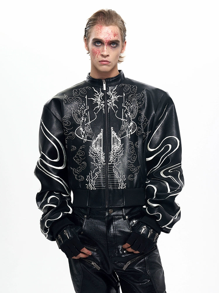 【25s Sep.】Cropped Stand Collar Biker Jacket with Embroidery