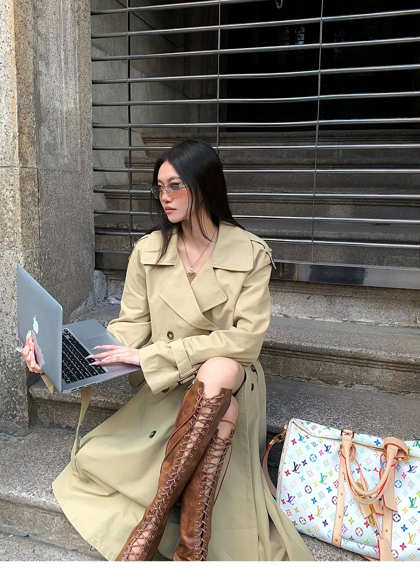 Elegant Khaki Short Trench Coat + Skirt Set
