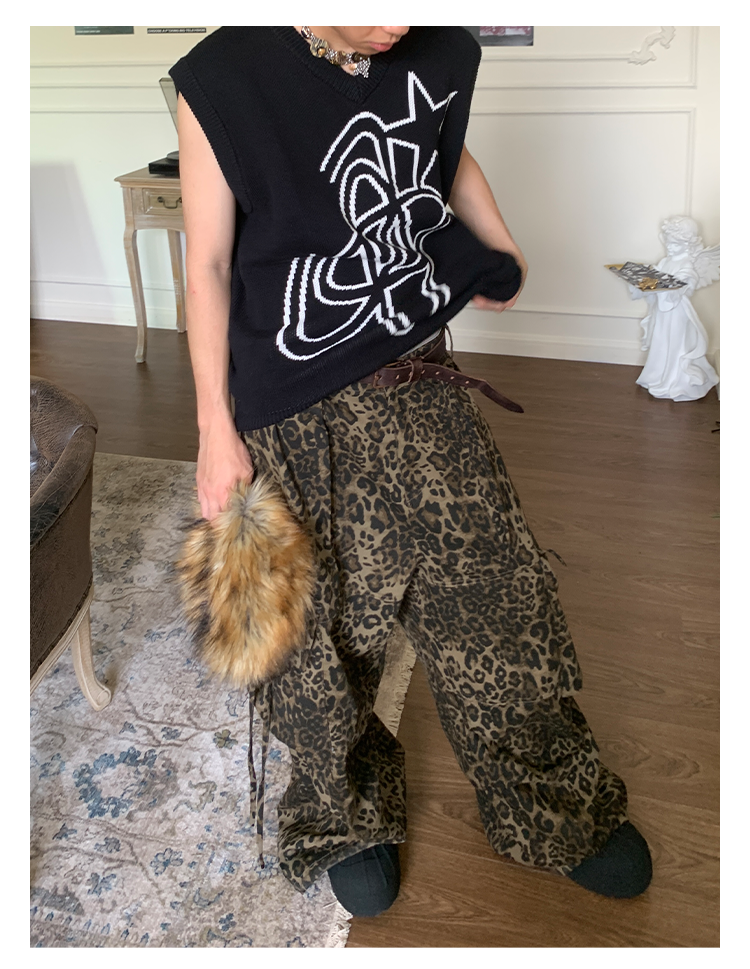 【25s May.】Loose Leopard Print Cargo Pants with Large Pockets