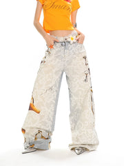 【25s Jun.】Burnout Lace Print Heavyweight Denim Wide-Leg Pants