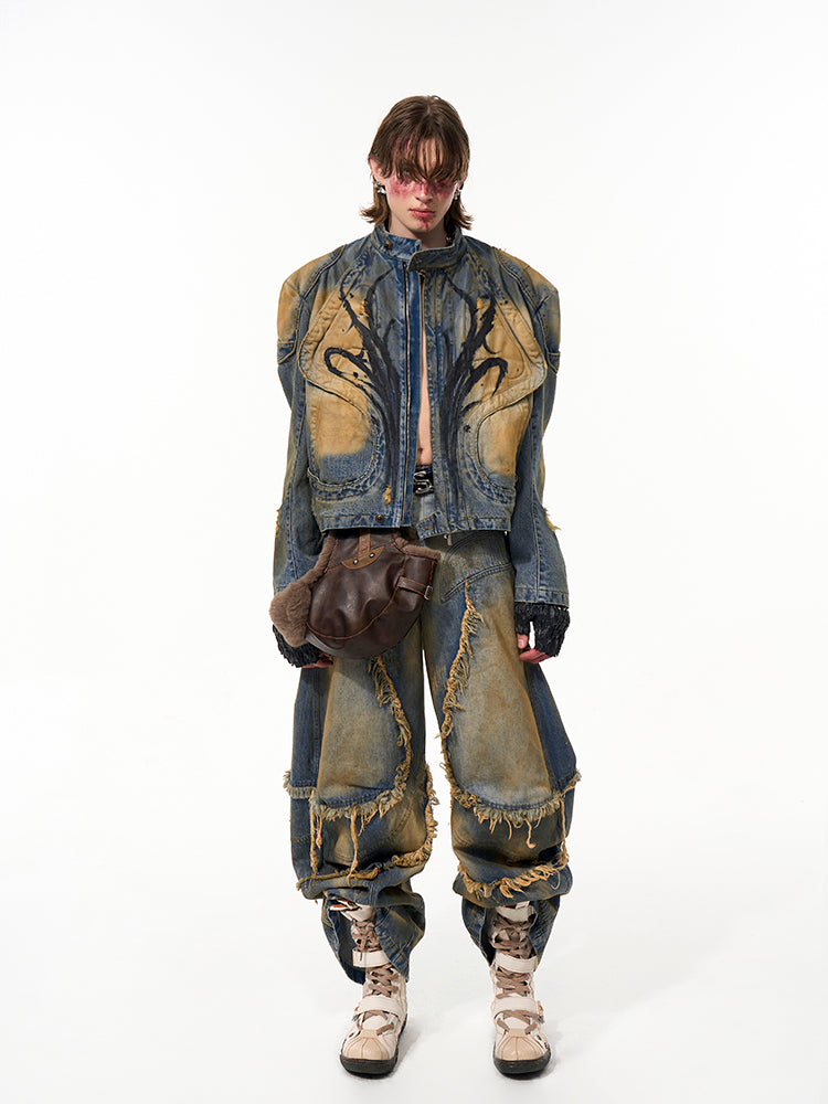 【25s Apr.】Wasteland Style Short Hand-painted Denim Jacket / Jeans