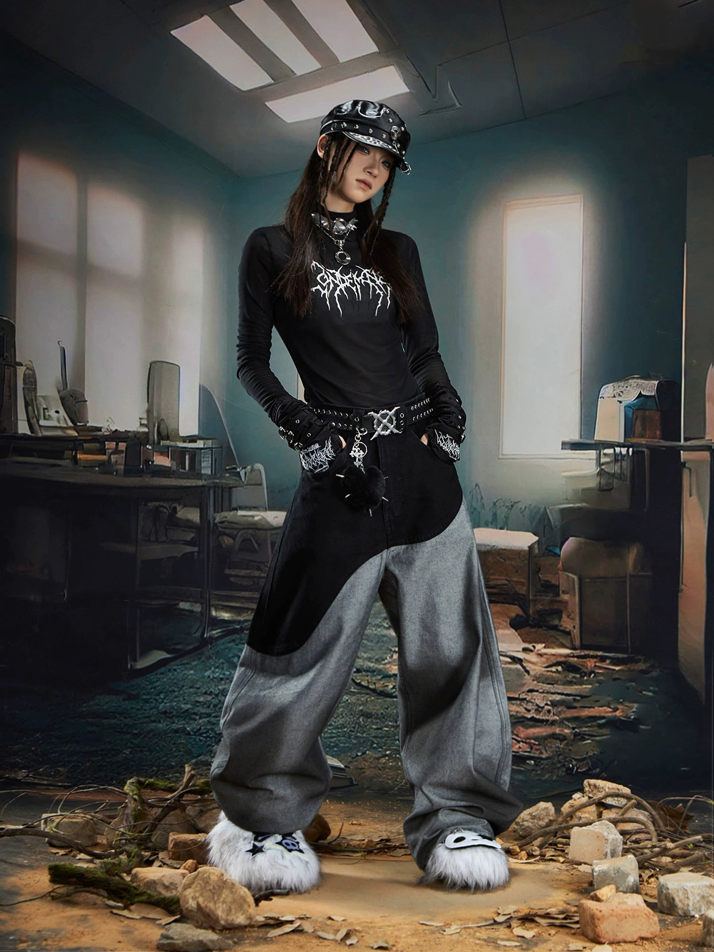 【25s Aug.】Patchwork Spray-Paint Contrast Wide-Leg Scimitar Jeans