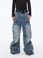 【25s Aug.】Washed Detachable Multi-Pocket Wide-Leg Jeans