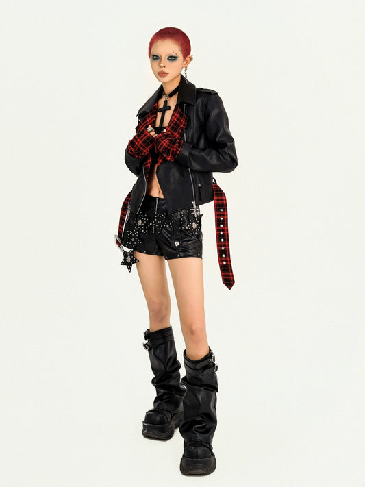 【25s Oct.】Punk Rock Plaid Leather Jacket