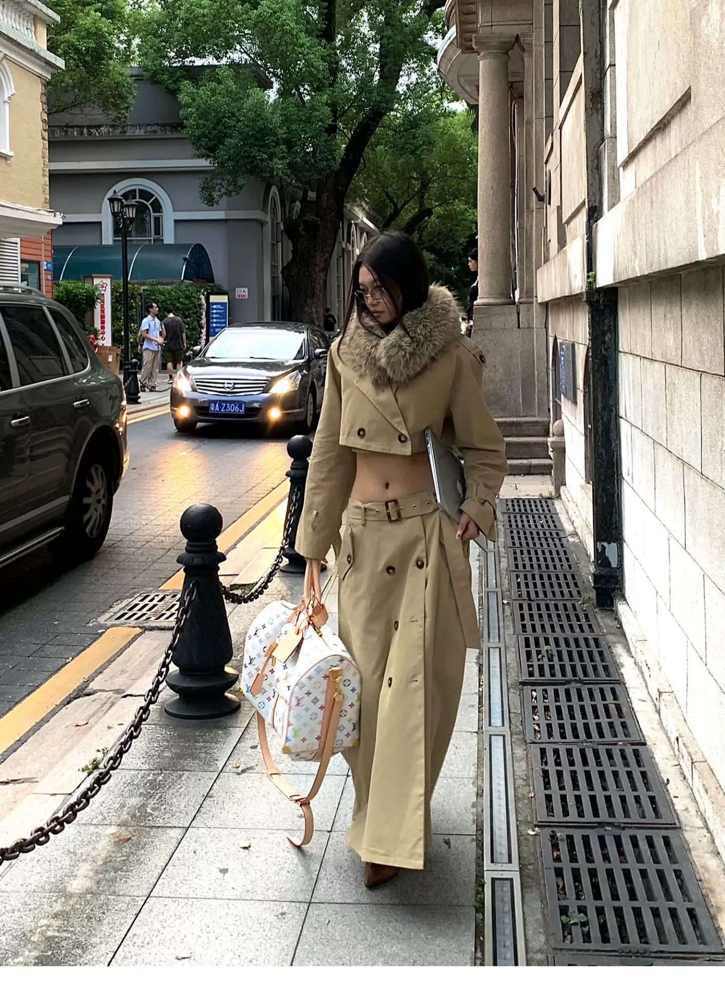 Elegant Khaki Short Trench Coat + Skirt Set