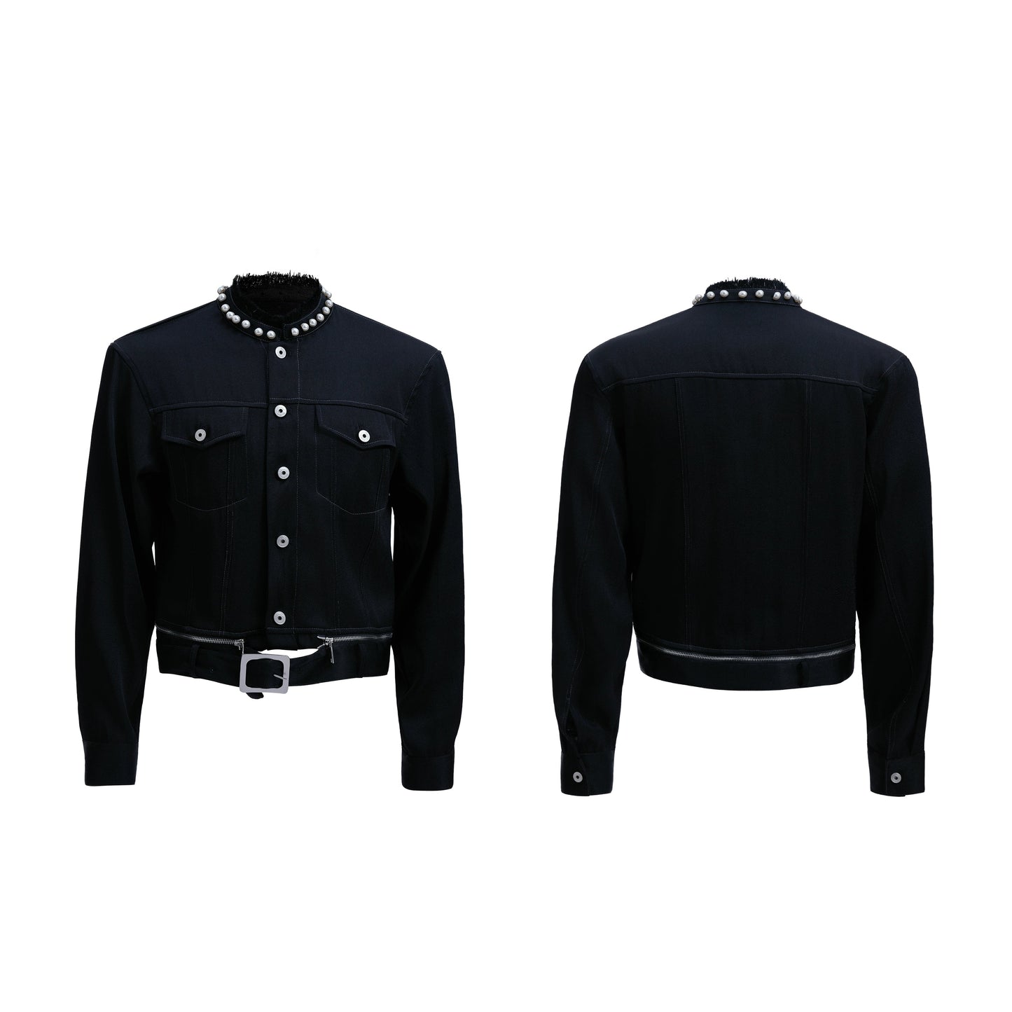 【25s Aug.】Pearl Embellishment Elegant Collarless Loose Denim Jacket / Jeans