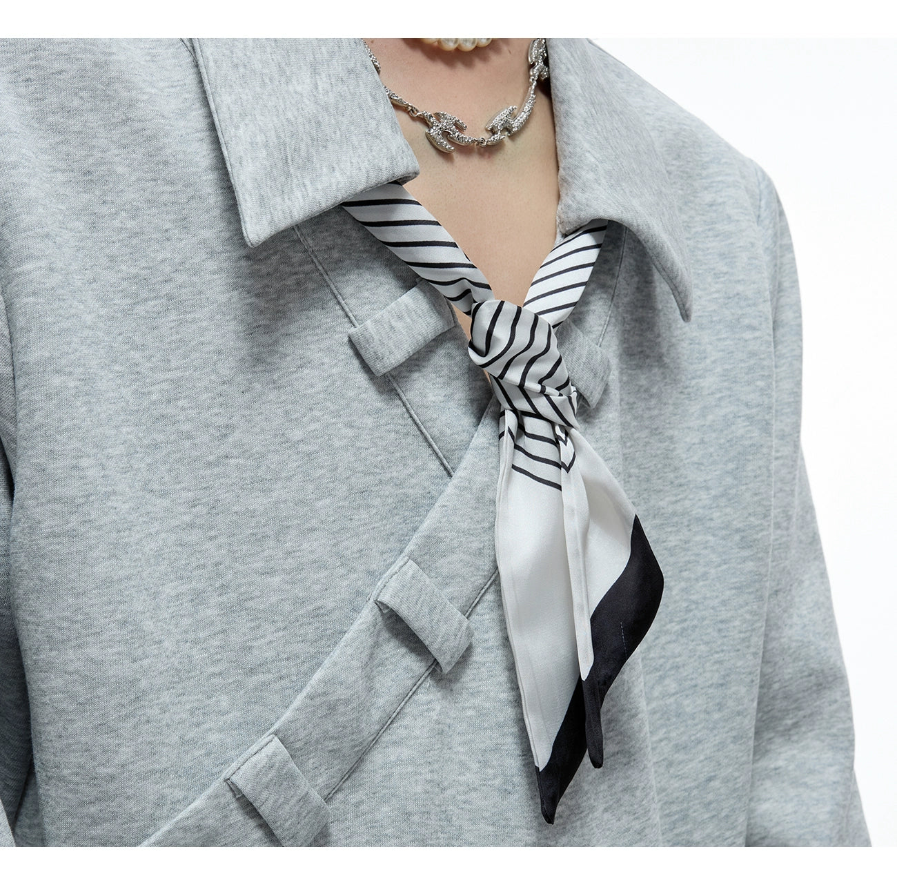 【25s Aug.】Striped Scarf and Ribbon V-neck Top