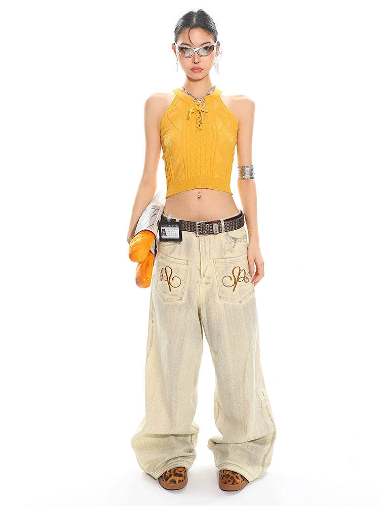 【25s May.】Grunge Wash Embroidered Wide Leg Jeans