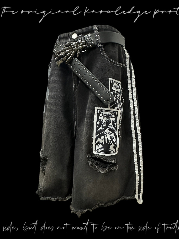 【25s Aug.】Black Striped Distressed Denim Shorts with Patch Details