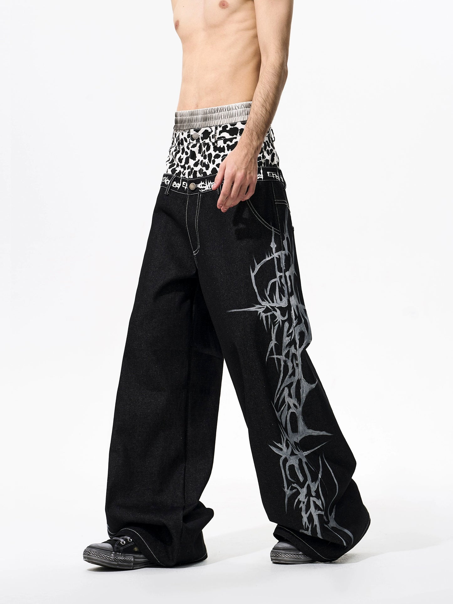 Hand-painted Thorn Leopard Print Double Waistband Jeans