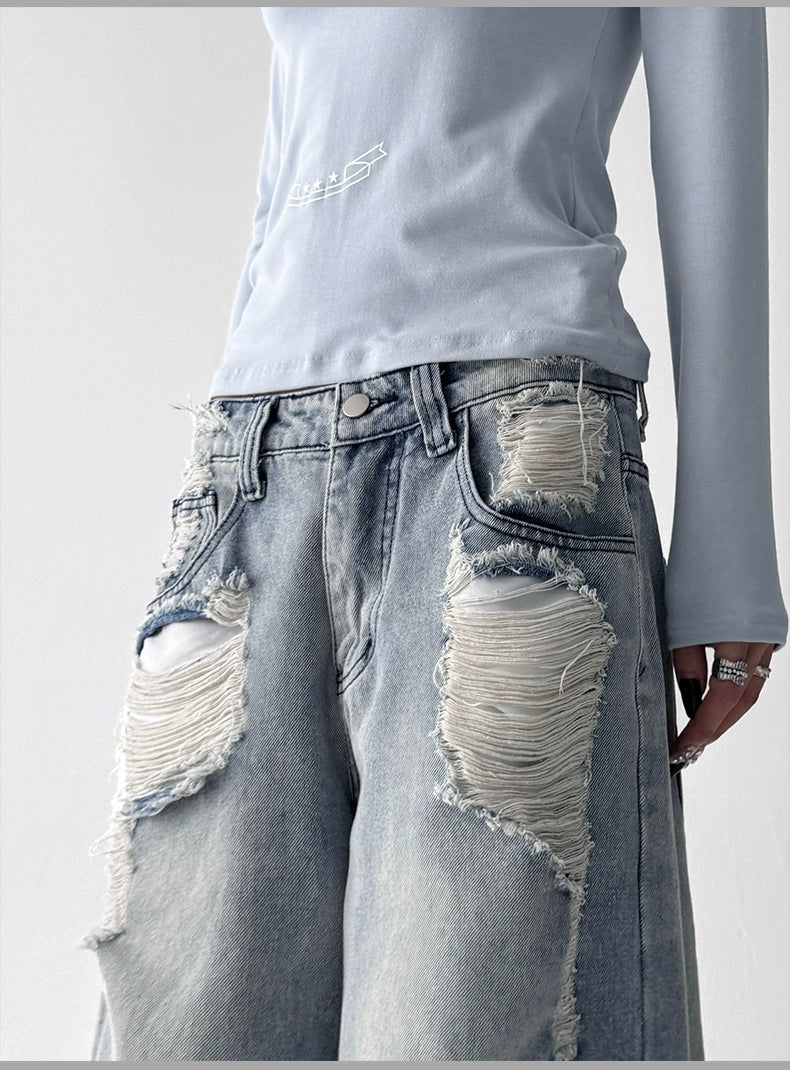【25s Aug.】Vintage Blue Distressed Washed Loose Wide-Leg Jeans
