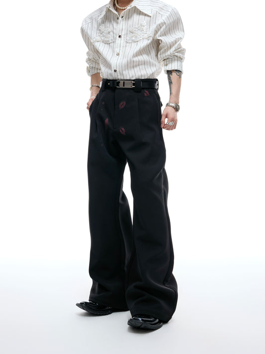 【25s Aug.】Pleated Red Lip Print Flared Trousers