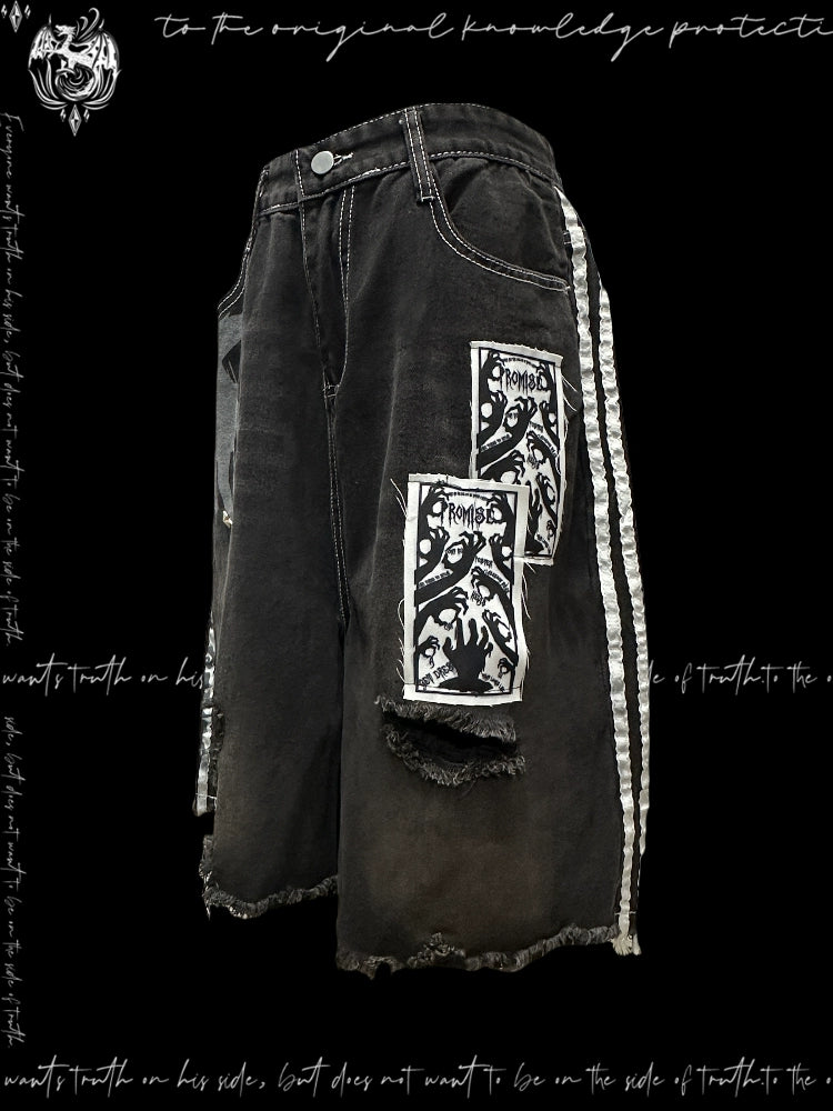【25s Aug.】Black Striped Distressed Denim Shorts with Patch Details