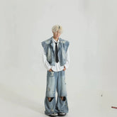 Distressed Denim Vest Wide-Leg Set