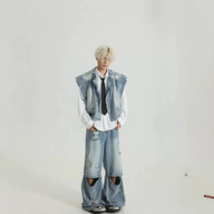 Distressed Denim Vest Wide-Leg Set