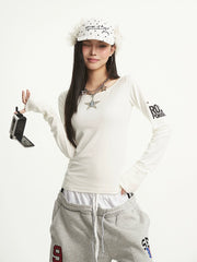 【25s Dec.】Retro Letter Print Off-shoulder Base Layer