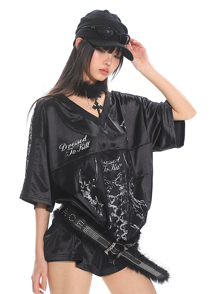 【25s Apr.】Tie-Dye Lace Trim Satin Sporty Tee