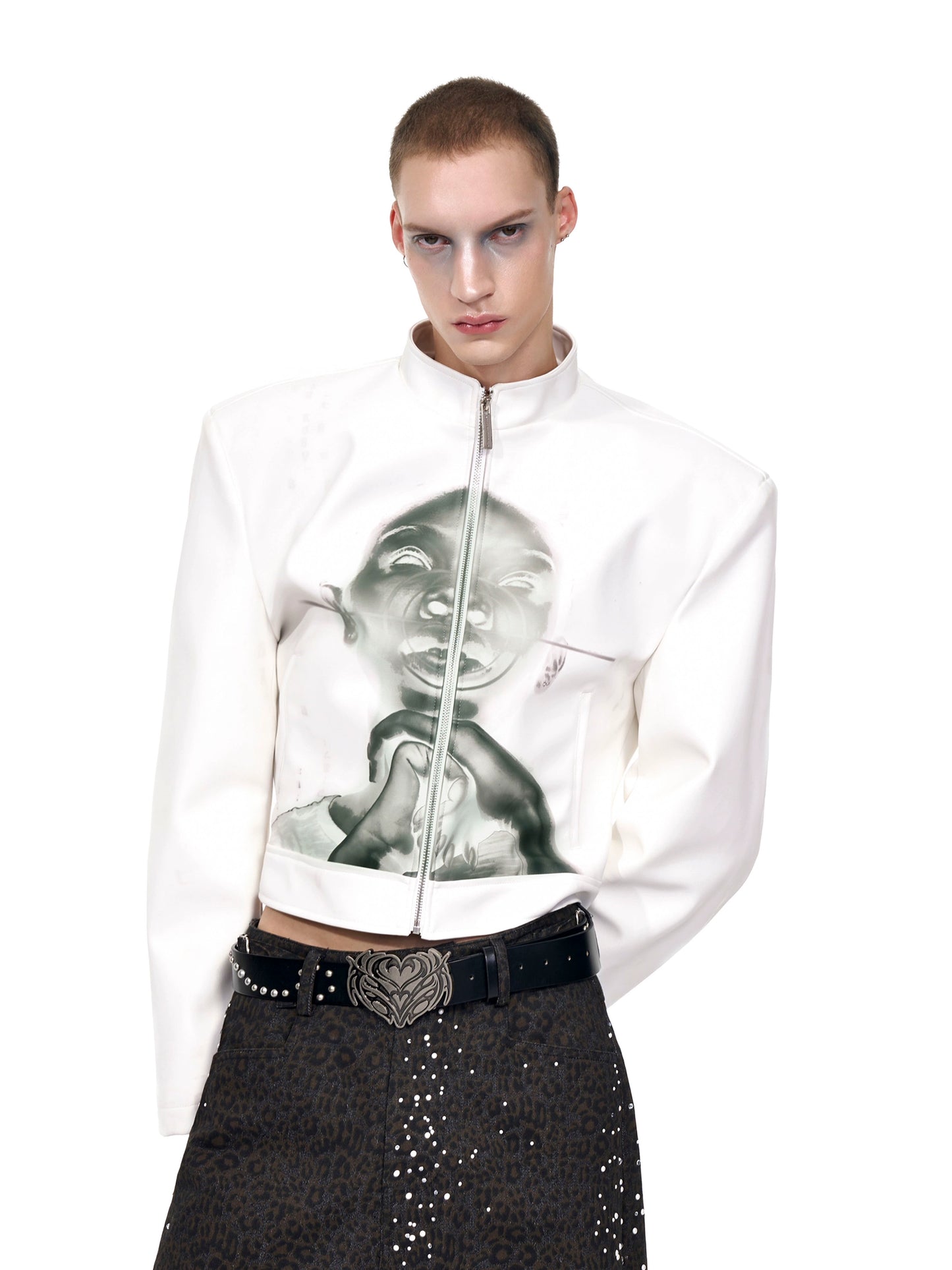 【25s Oct.】Portrait Print Cropped Leather Jacket