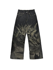 【26s May】Laser Burn Pattern Baggy Raw Denim Pants