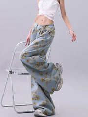 【25s Jul.】Vintage Printed Loose Draped Floor-Length Wide Jeans