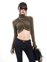 【26s Feb.】Army Green High-Neck Ruched Slim Cropped Top