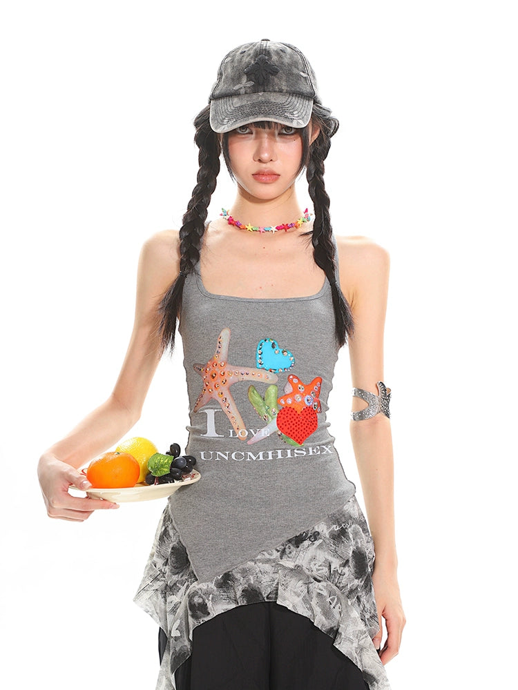 【25s Jun.】Starfish Rhinestone Lace Hollow-Out Asymmetrical Hem Tank Top