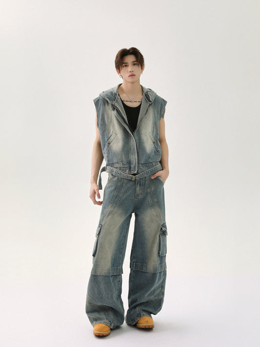 【25s Apr.】Vintage Distressed Denim Vest Vest Patchwork Trousers Casual Suit