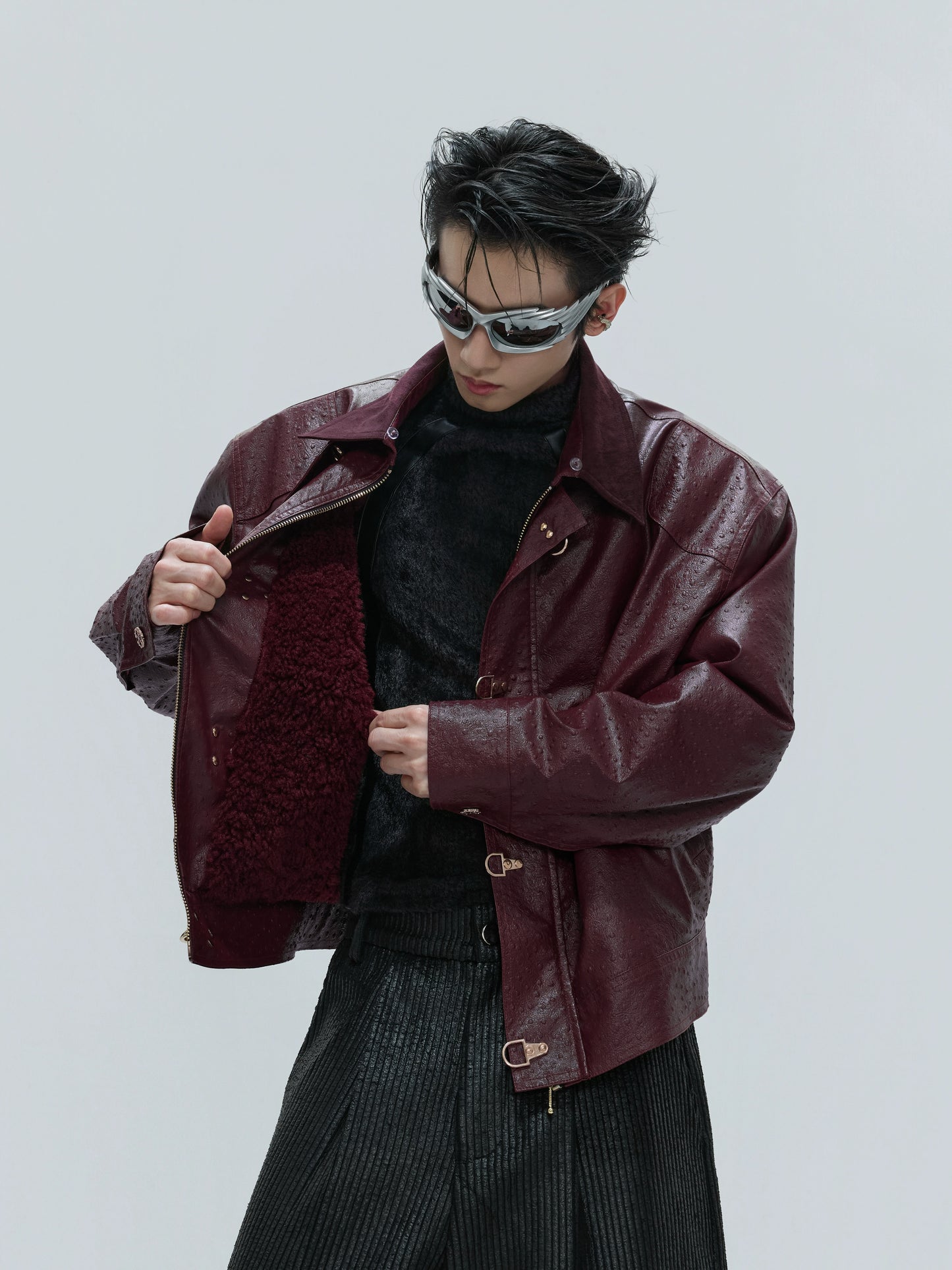 【25s Nov.】Ostrich Leather Aircraft Button Plush Leather Jacket