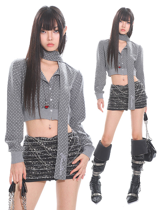 【25s Apr.】Polka Dot Ribbon Tie Casual Long Sleeve Top