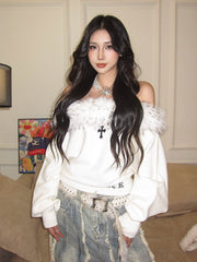 Hot Girl Fur Collar Off-shoulder Sweater